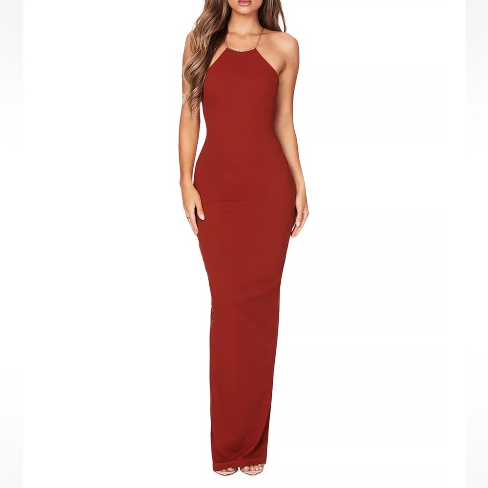 NOOKIE Prom Gala Formal Lexi Chain Gown Bodycon Rust Low Back Maxi Dress NWT XS